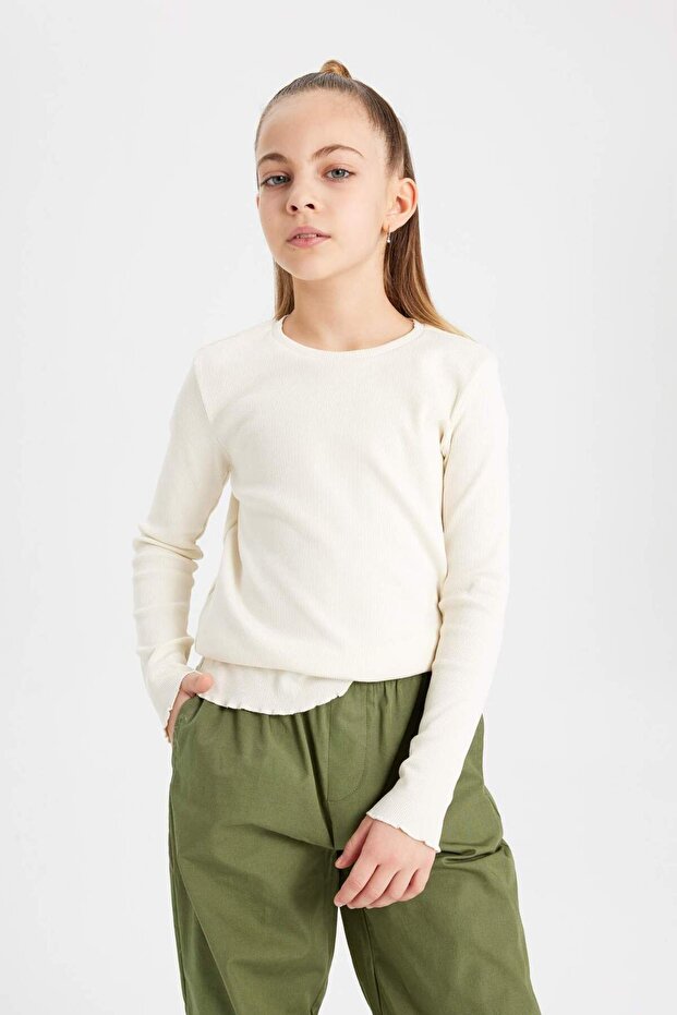 Girl's Slim Fit Slim Fit Crew Neck Ribbed Long Sleeve T-Shirt B7452A824Sp