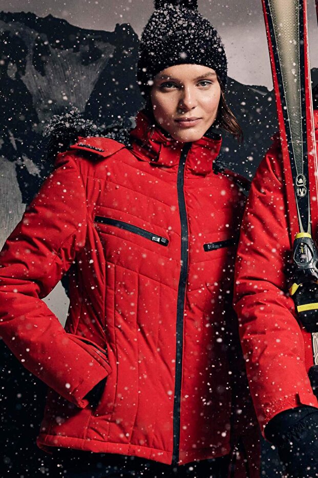 Water Repellent Ski Jacket Slim Fit Hooded Zippered Waterproof with Hand Protectors and Pockets