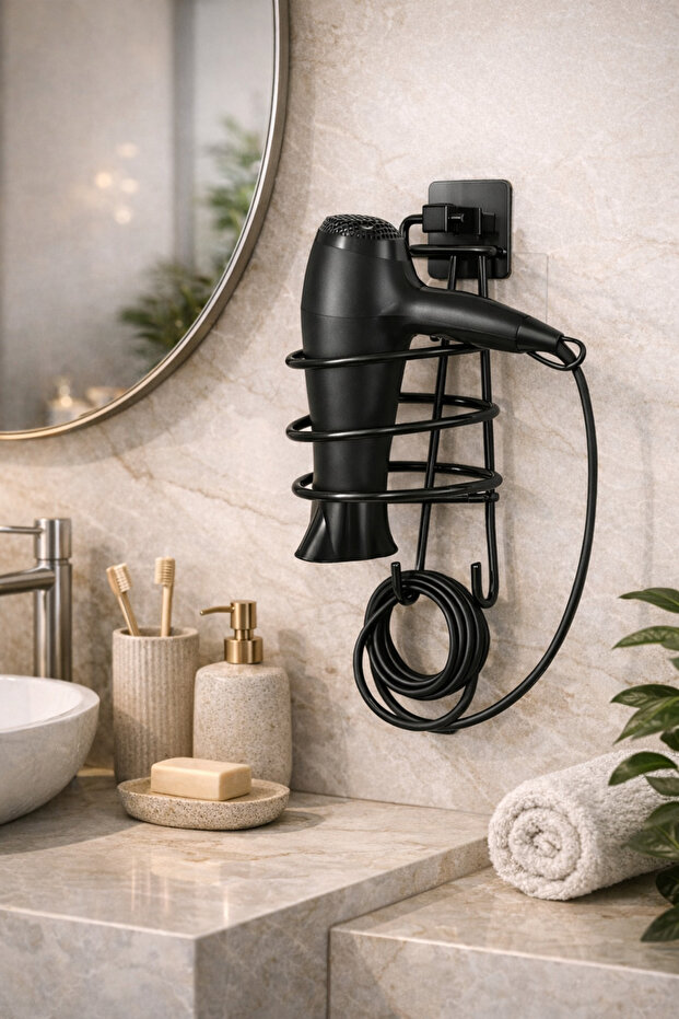 Alper Banyo Siyah Kare Fön Makinesi Askısı | Yapışkanlı Saç Kurutma Makinesi Tutacağı | Delme Gerektirmez