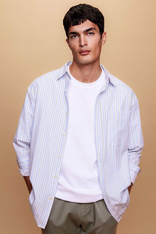 Relax Fit Polo Collar Striped Cotton Long Sleeve Shirt A9441Ax23Au