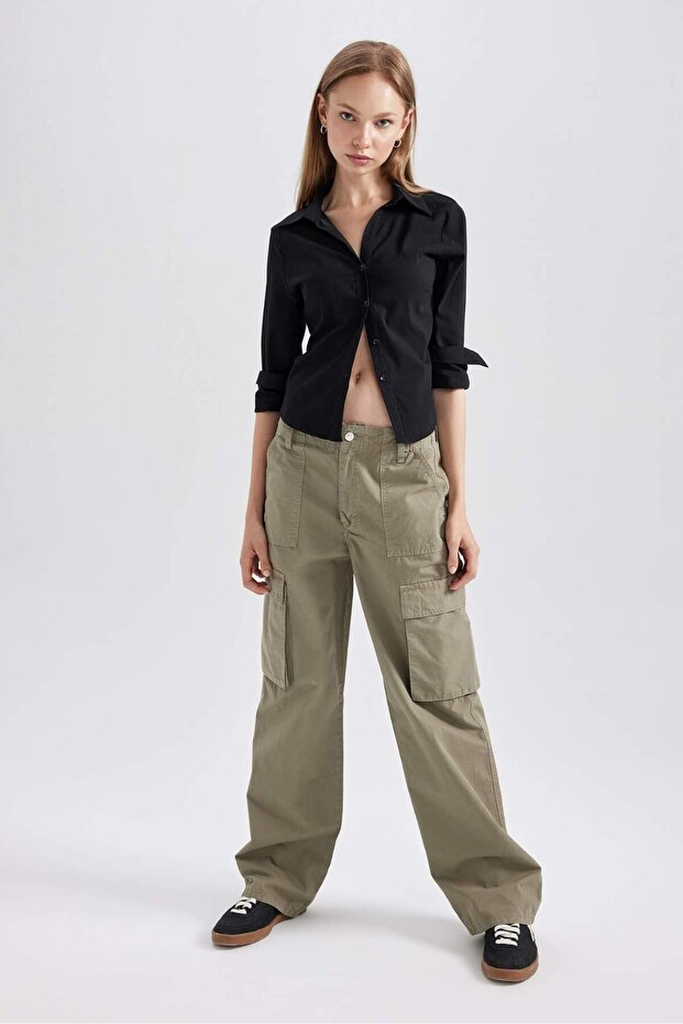 Gabardine Pants Straight Fit Standard Size High Waist Cargo Pocket B0625Ax23Au