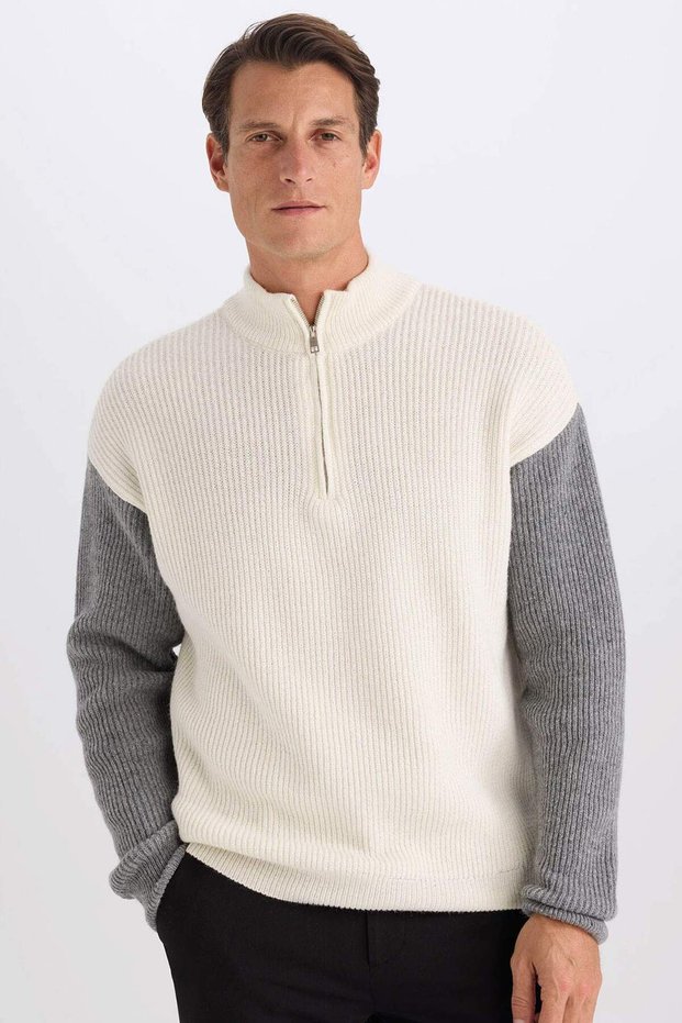 Relax Fit Color Block High Neck Half Zipper Knitwear Sweater Y0623Az23Au