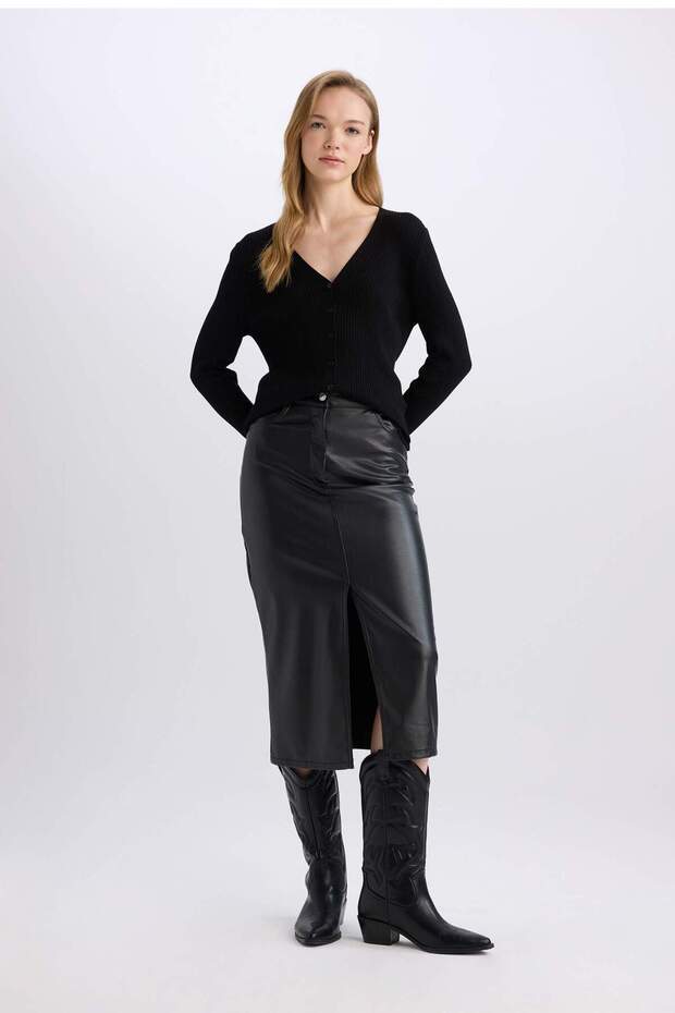 Faux Leather Slit Midi Skirt B2862Ax23Wn