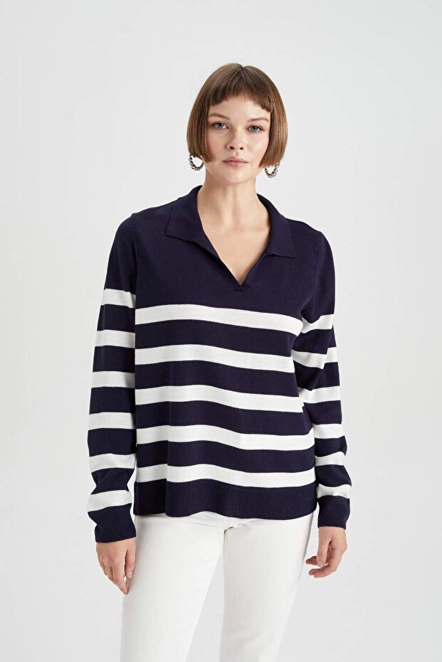 Regular Fit Polo Neck Striped Knitwear Sweater 3113771