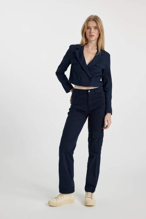 Straight Fit Gabardine Trousers Cargo Pocket Pack High Waist B0458Ax23Au