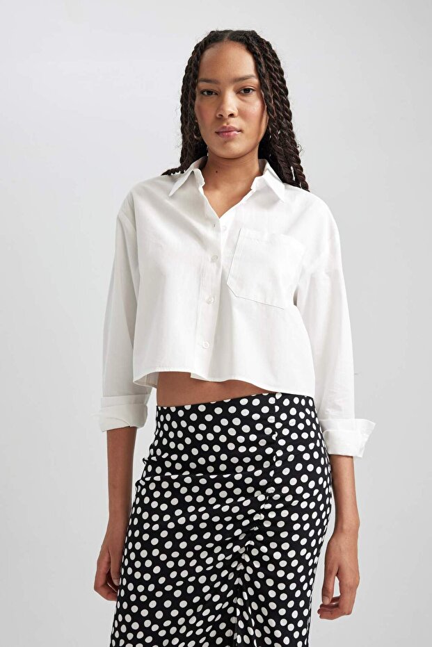 Crop Poplin Long Sleeve 100% Cotton Shirt B0873Axwt32