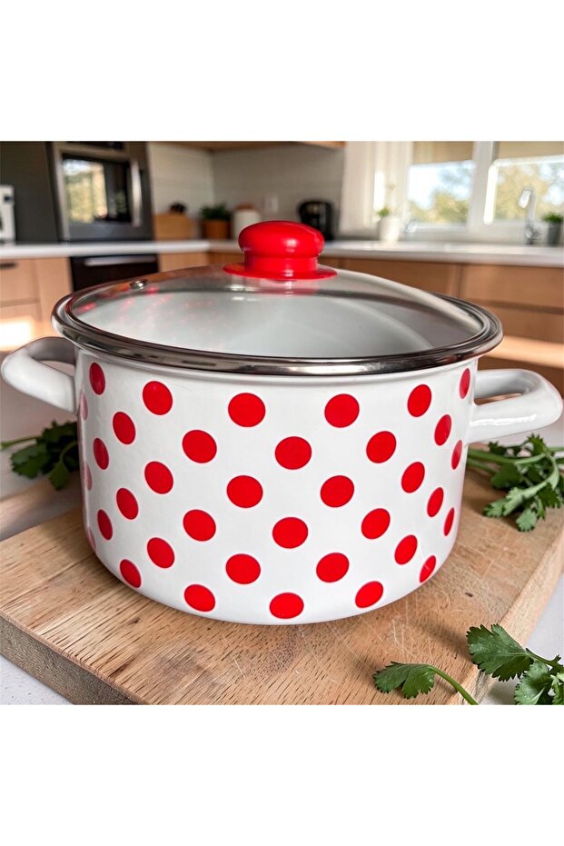 Red Polka Dot Piece Enamel Pot with Glass Lid 18 cm 2.5 Liter Retro Design
