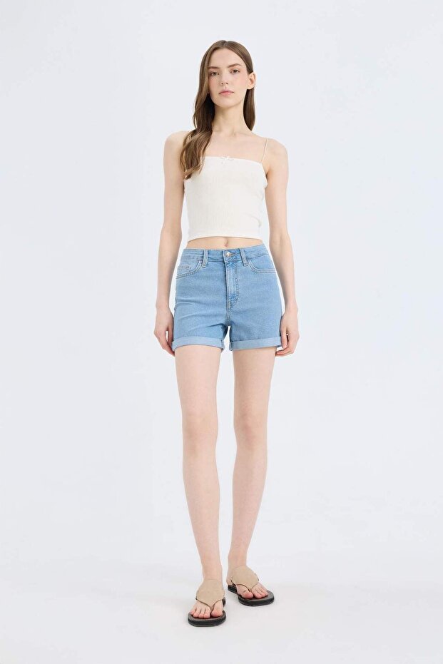 Normal Bel Katlamalı Paça Basic Düz Jean Şort A1959AX23SM - 2