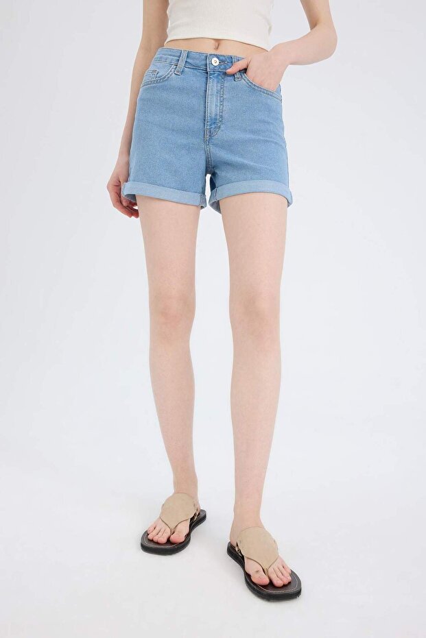 Normal Bel Katlamalı Paça Basic Düz Jean Şort A1959AX23SM - 5