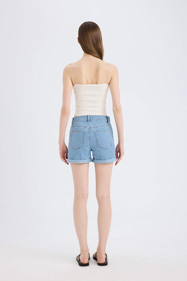 Normal Bel Katlamalı Paça Basic Düz Jean Şort A1959AX23SM - 7