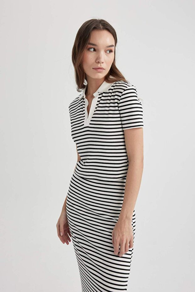 Fitted Striped Polo Collar Short Sleeve T-Shirt A0380Ax23Sm
