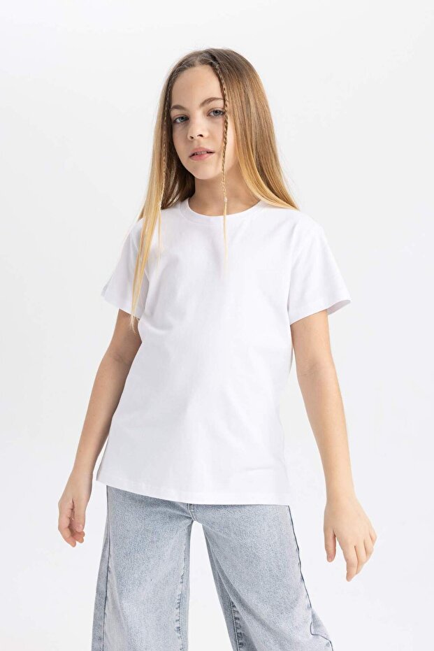 Girl's White Crew Neck Short Sleeve School t Shirt Z7718A623Sm