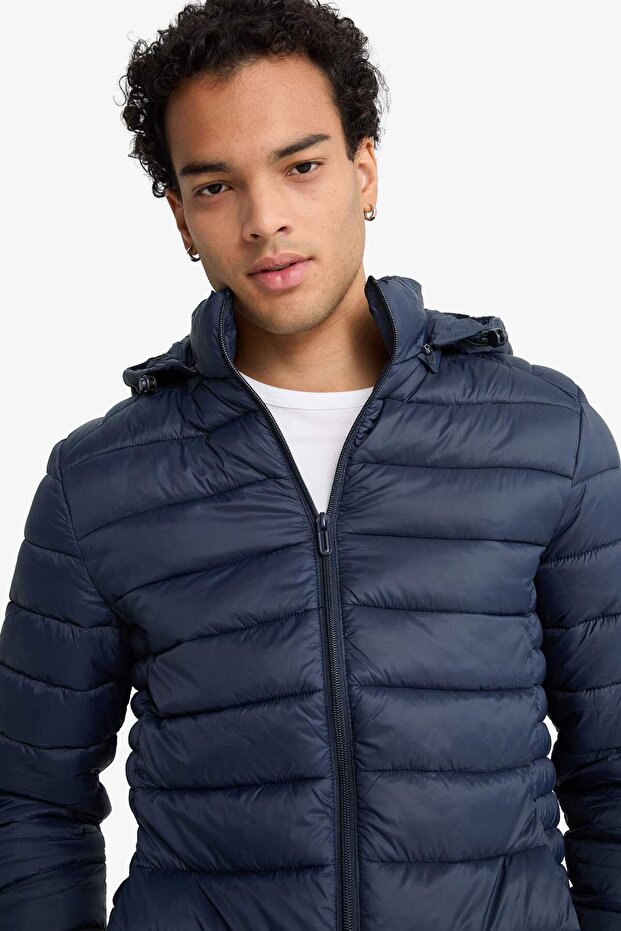 Su İtici Slim Fit Dar Kesim İç Cep Detaylı Kapüşonlu Fermuarlı Cepli Şişme Mont N4661AZ22AU - 4