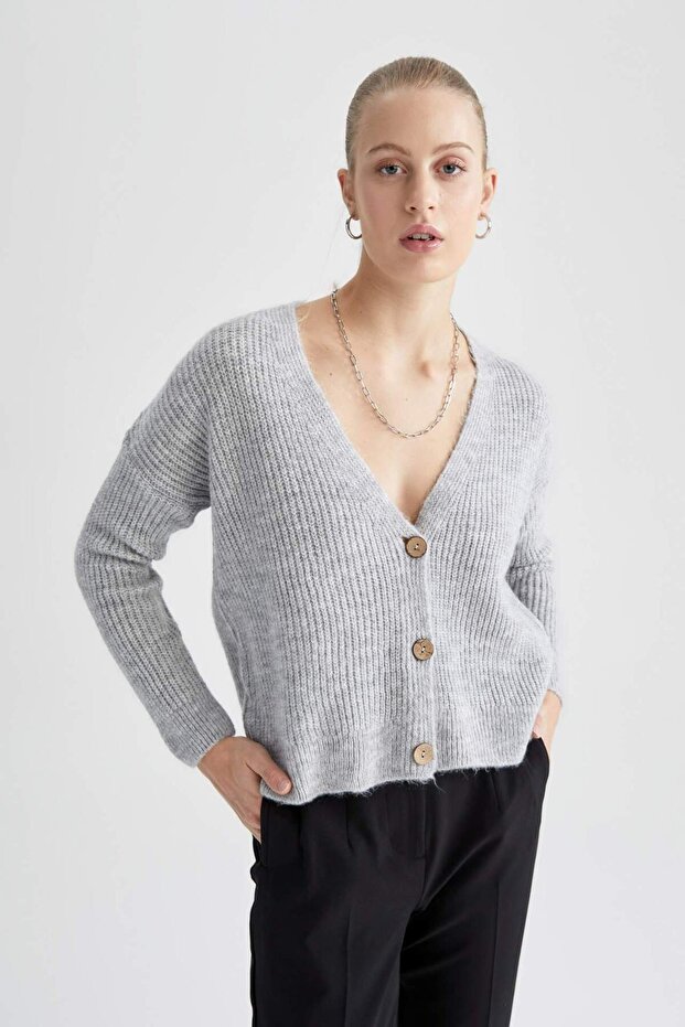 Regular Fit V-Neck Brioche Knit Fabric Cardigan R1262Az22Wn