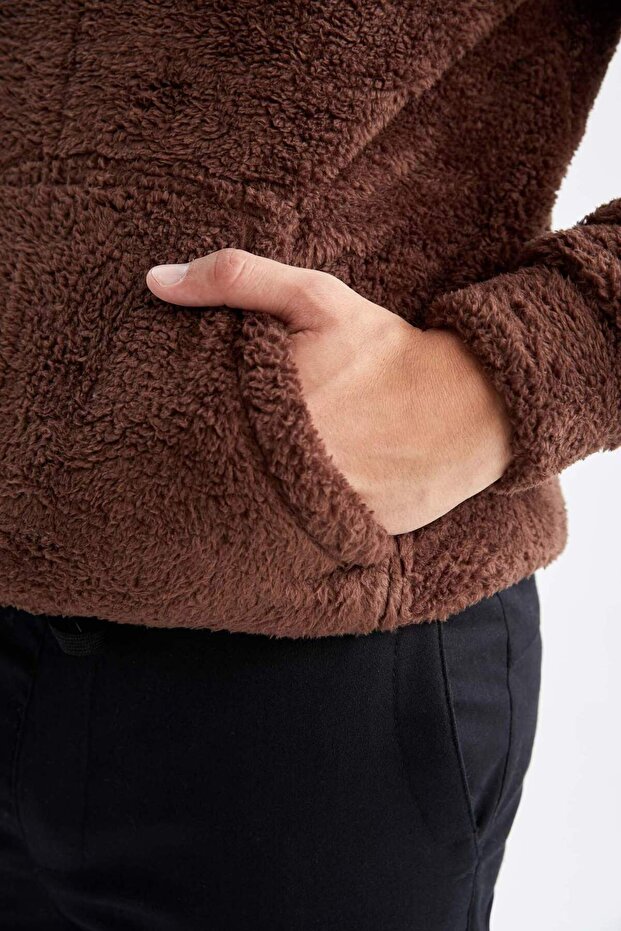 Regular Fıt Kapüşonlu Baskılı Pelüş Sweatshirt Y5556AZ22WN - 5