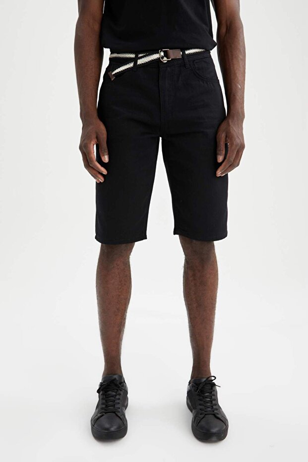 Slim Fit Kemerli Bermuda Şort - 2