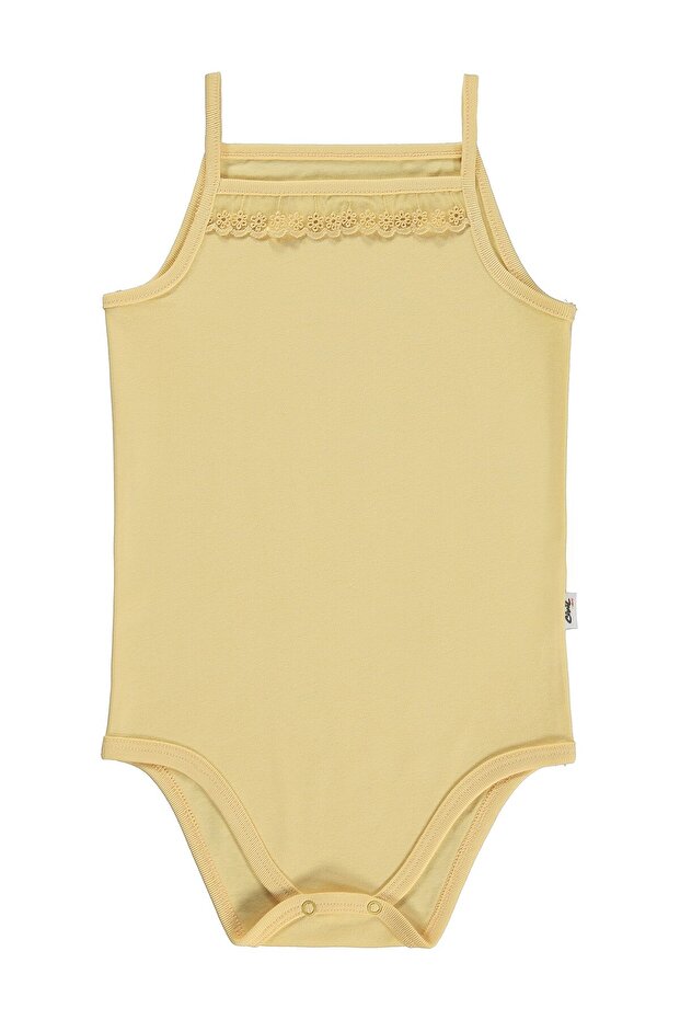 Combed Cotton Rope Strap Lace 3-9 Months Girl Snap Fastener Bodysuit - Yellow 3-6 Months