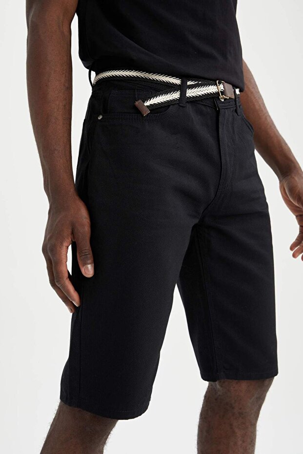 Slim Fit Kemerli Bermuda Şort - 6