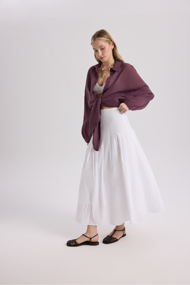 Sera Pile Detail White Long Skirt