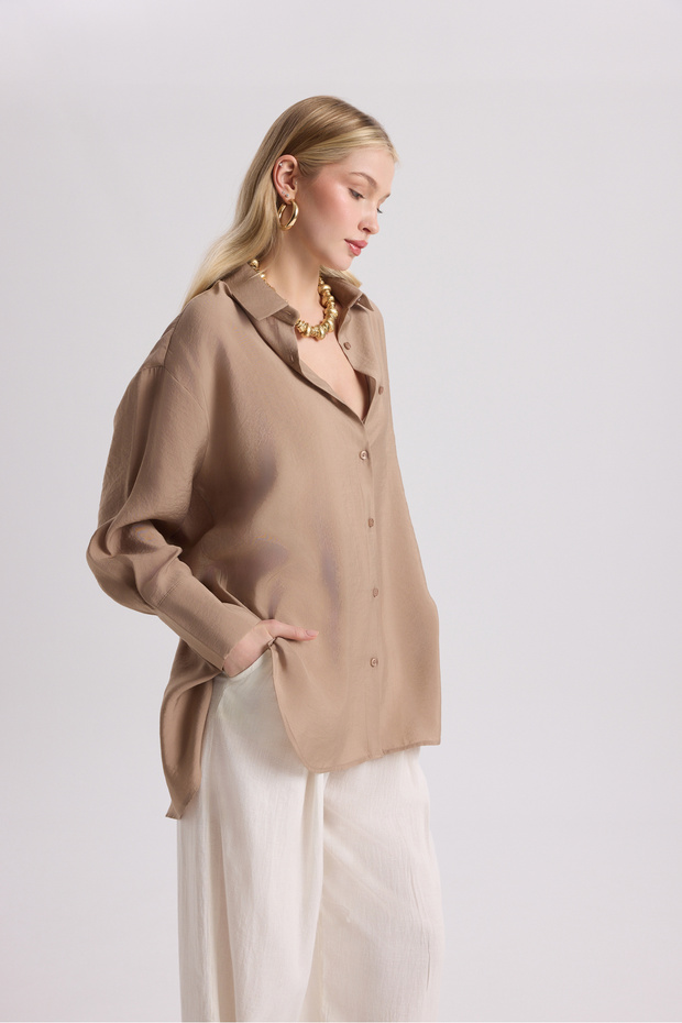 Zaria Açık Vizon Oversize Gömlek - 4