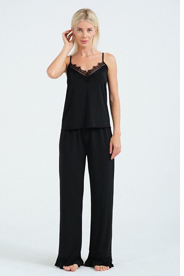 Women's Black Lace Strap Viscose Pajama Set Soft, Stylish and Comfortable Sleep Set