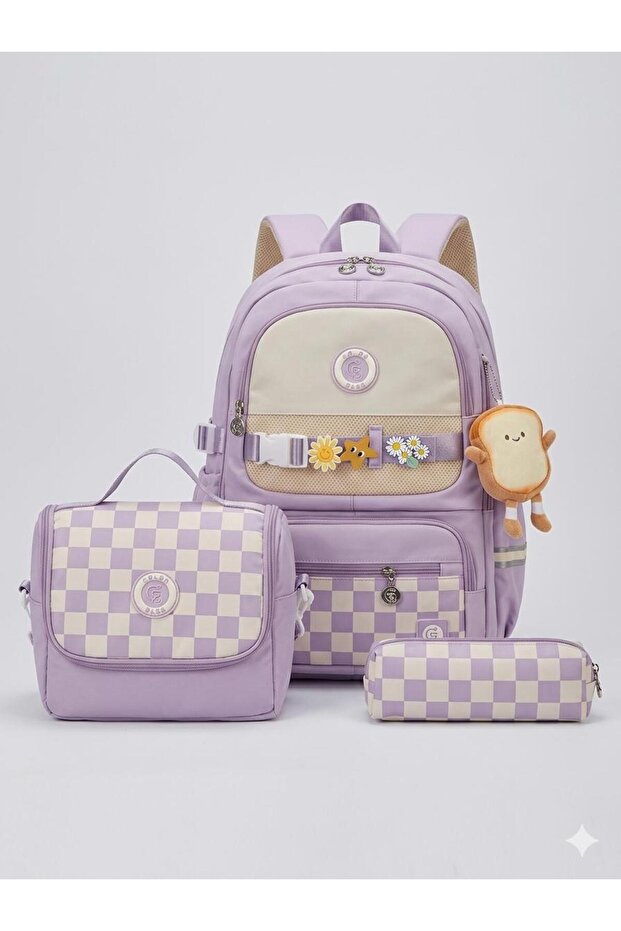 Korean Model Charm Detailed 3-Piece School Set (Bag - Nutrition - Pen Holder)