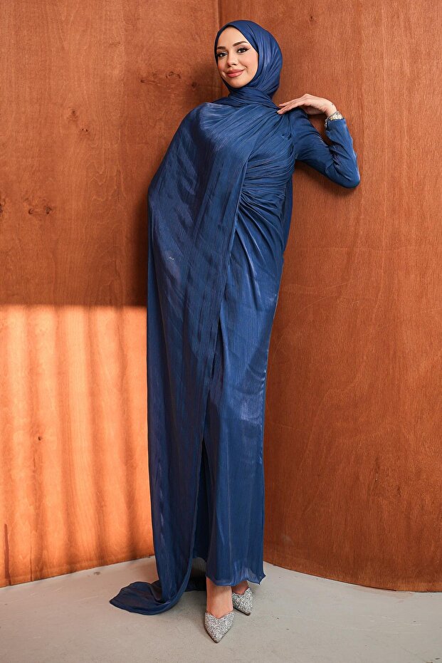 Navy Blue Chiffon Evening Dress with Draped Front