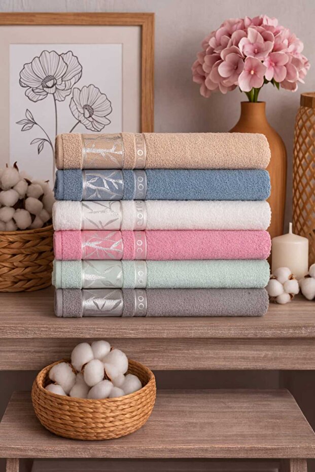 Bamboo Patterned 50*90 cm 6-Piece Hand and Face Towel Set - Towel Set - Dowry - Gift - Kitchen 100% Cotton