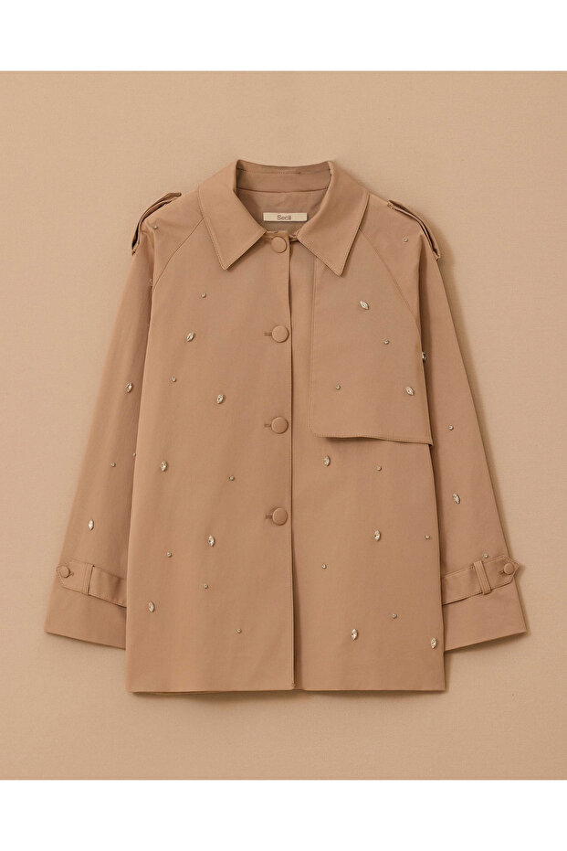 Taşlı Oversize Trençkot - 6