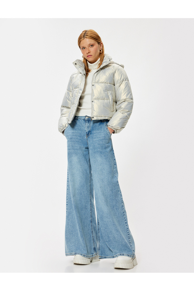 Stand Collar Zippered Shiny Hooded Short down Jacket
