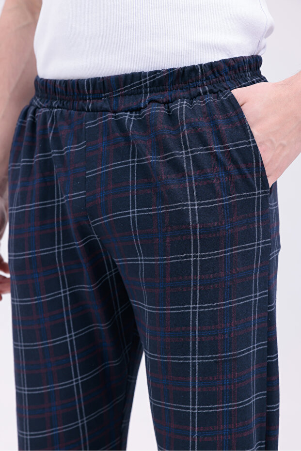 Cotton Pocket Plaid Printed Elastic Waist Stylish and Comfortable Men's Pajama Bottoms Navy Blue-Blue 2B