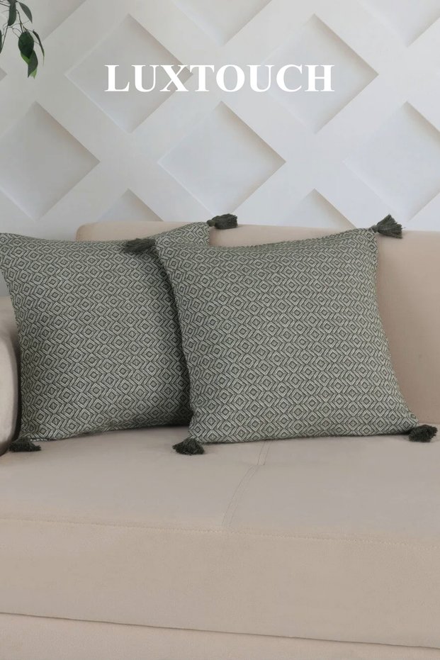 Bergama Khaki 2-Piece Pompom Cushion Cover 45 X 45 cm Pillow Cushion Cover with Zipper and Tassels