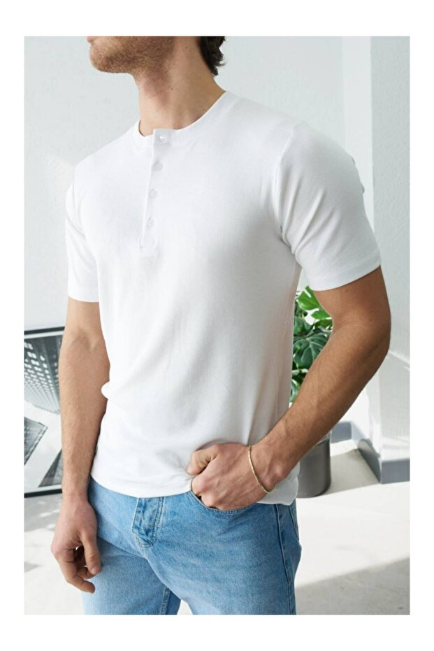 Men's Crew Neck Button Front Tshirt - 2