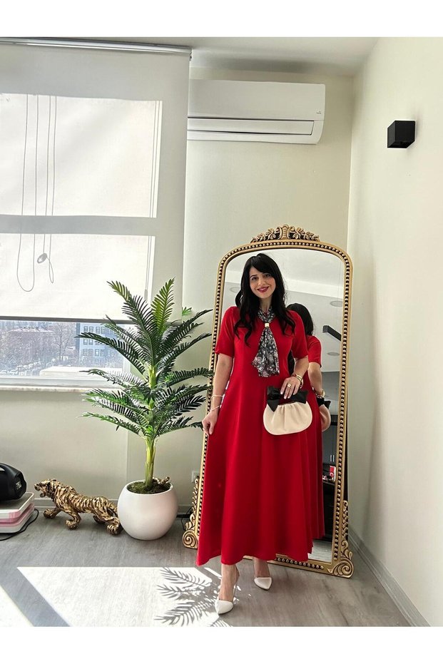 Red Maxi Length Flared Flounce Self-Foulard Short Sleeve Very Stylish Dress