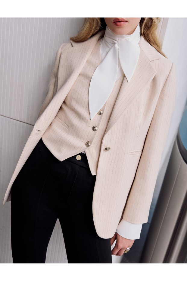 Blazer Jacket Double-Breasted with Pockets and Buttons, Hip Length