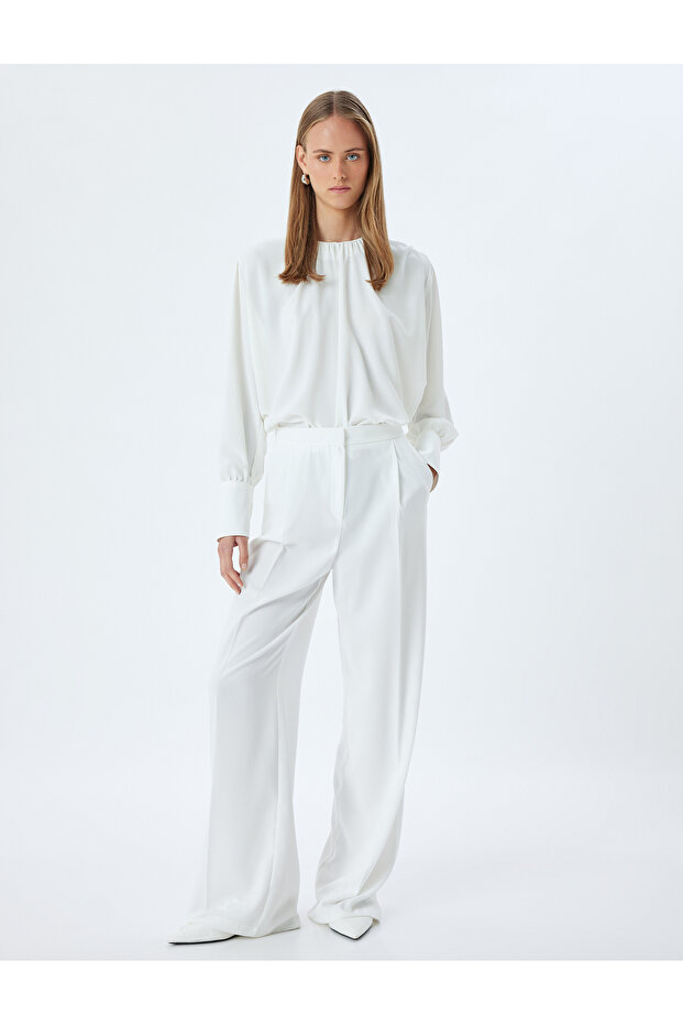 Long Sleeve Blouse with Cuffs, Round Draped Collar, Crepe Fabric