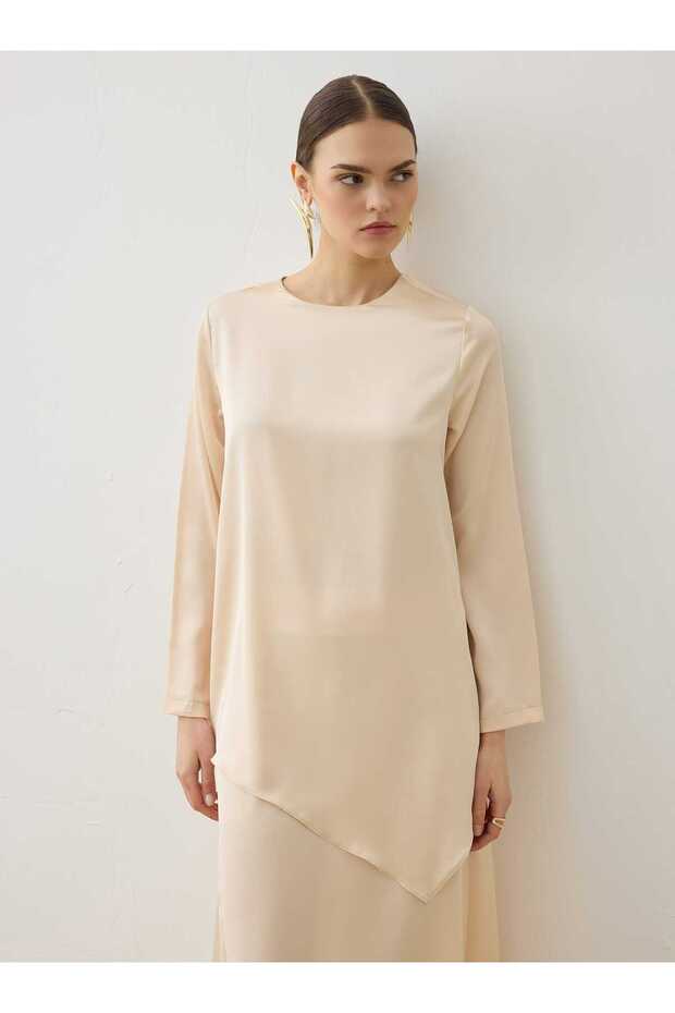 Saten Kumaş Tunik&Etek Takım - Vanilya - - 3