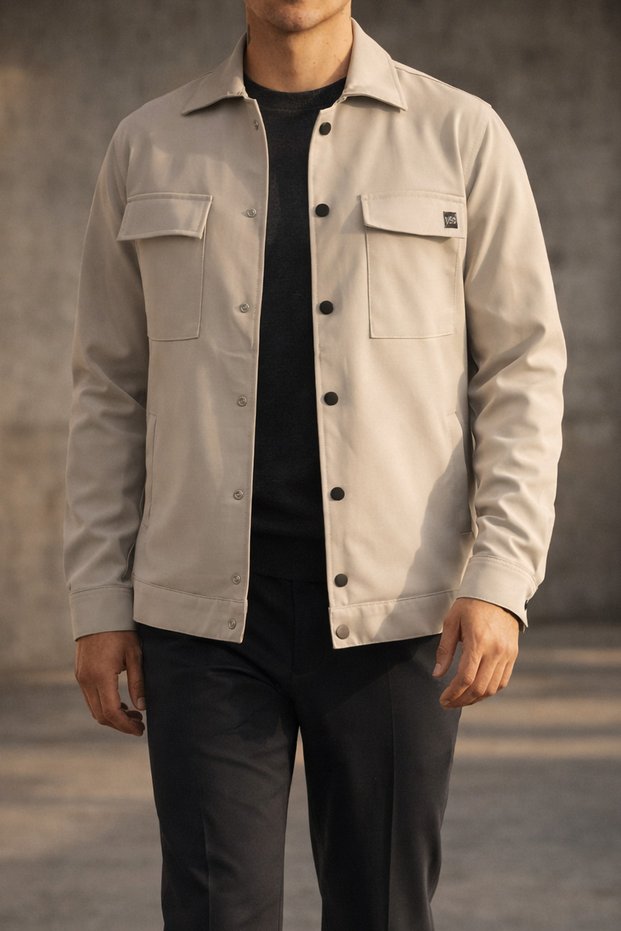 Men's Stone Color Hooded Double Pocket Snap Fastener Sports Jacket Comfortable Fit