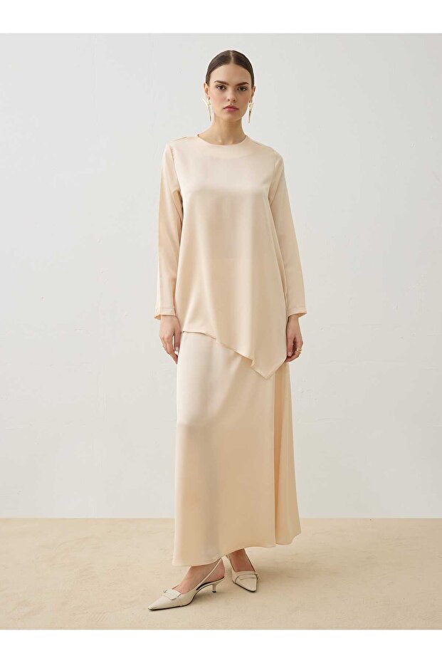 Saten Kumaş Tunik&Etek Takım - Vanilya - - 2