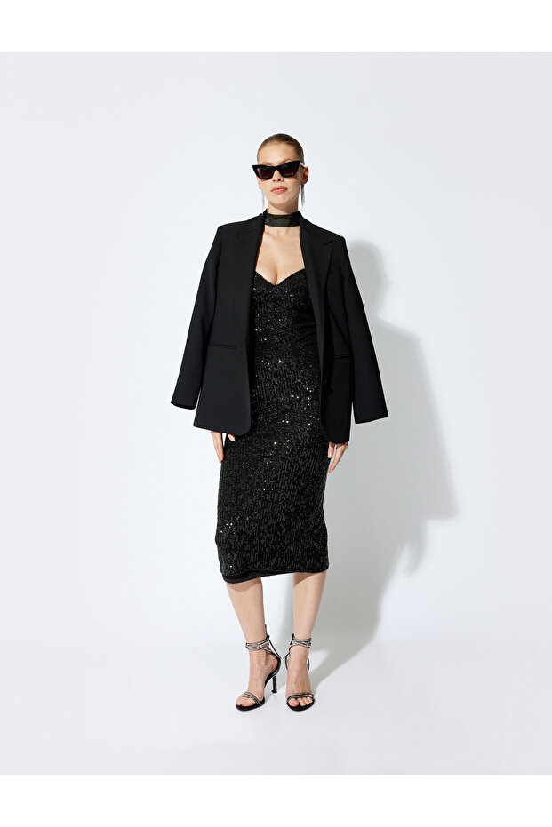Evening Dress Sequin Sequined Midi Slit Detail Strap Sweetheart Neckline Slim Fit