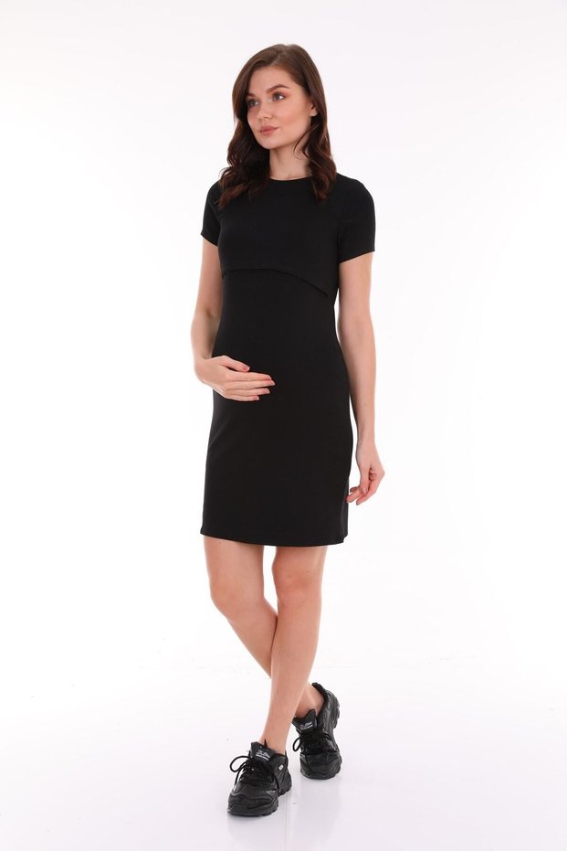 Black Maternity Breastfeeding Featured Cotton Fabric Dress