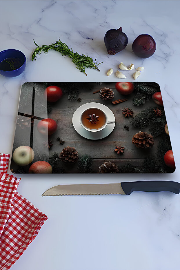 Winter Spices and Tomato Pattern Tempered Glass Cutting Board 21X30 cm Size Uv Printing - Ckt072