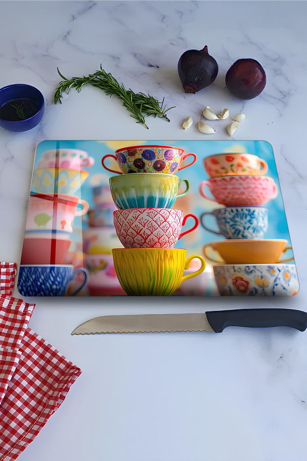 Colorful Cups Themed Tempered Glass Cutting Board 21X30 cm Size Uv Printing - Ckt056