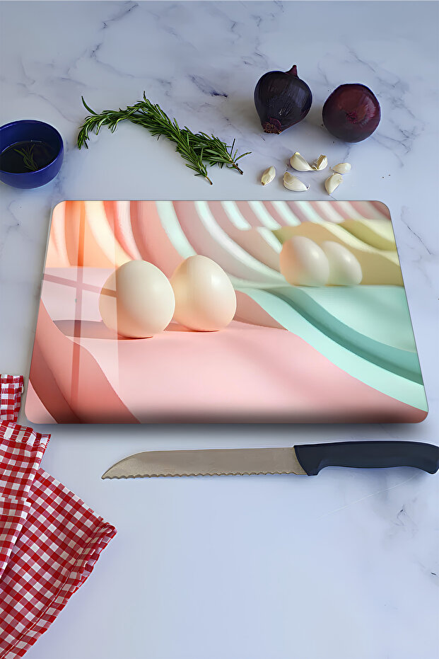 Pastel Wave and Egg Pattern Tempered Glass Cutting Board 21X30 cm Size Uv Printing - Ckt095