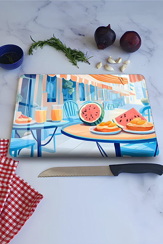 Mediterranean Breakfast Themed Tempered Glass Cutting Board 21X30 cm Uv Printing - Ckt063