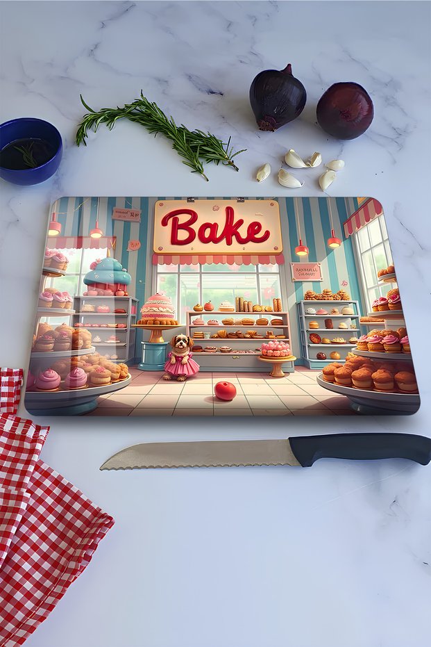 Tempered Glass Cutting Board – Pastel Colored Bakery and Dessert Shop Themed Uv Print 21X30 - Ckt113