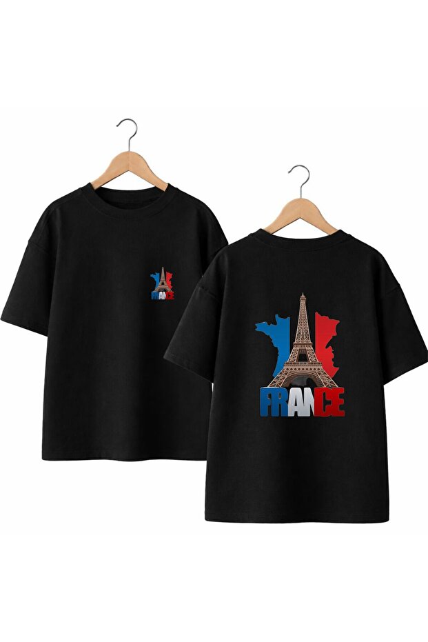 France Tower Flag Back and Chest Printed %100 Cotton Oversized Loose Regular Fit Crew Neck T-Shirt