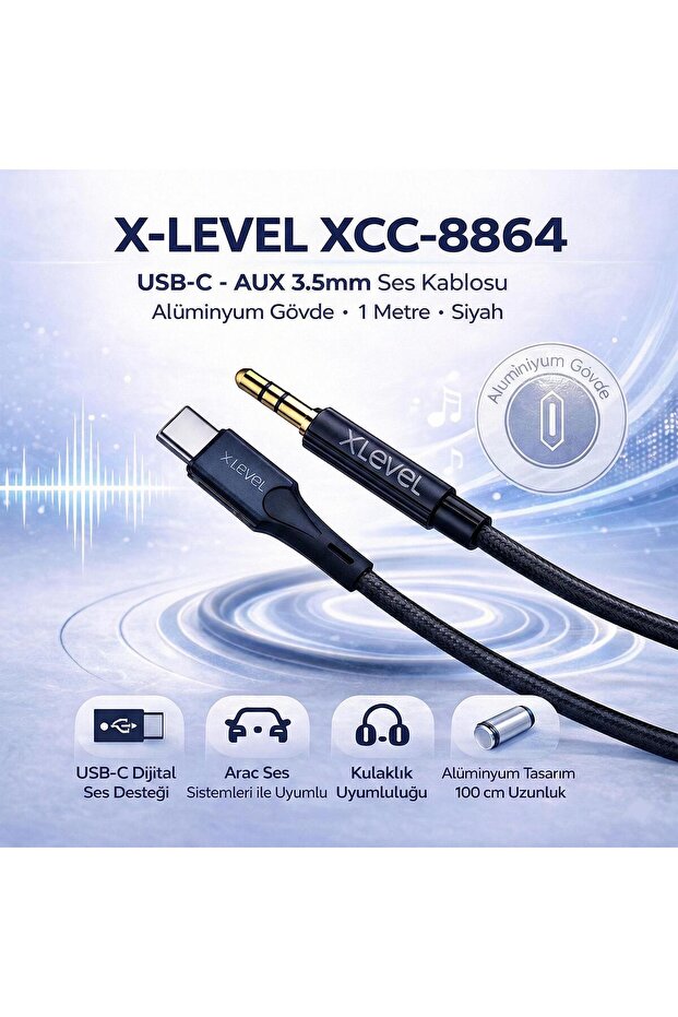 XCC-8864 كابل صوت USB-C إلى Aux 3.5 ملم من الألومنيوم بطول 1 متر أسود
