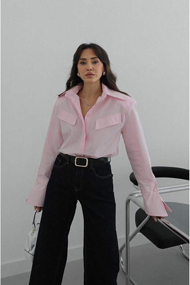 Pink Geometric Shirt with Flap Pockets and Sleeve Details