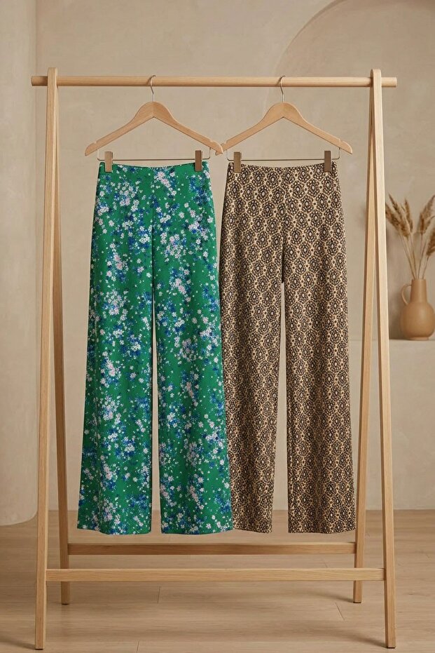 2 Pieces Comfortable Fit High Waist Wide-Leg Viscose Mix Women's Trousers